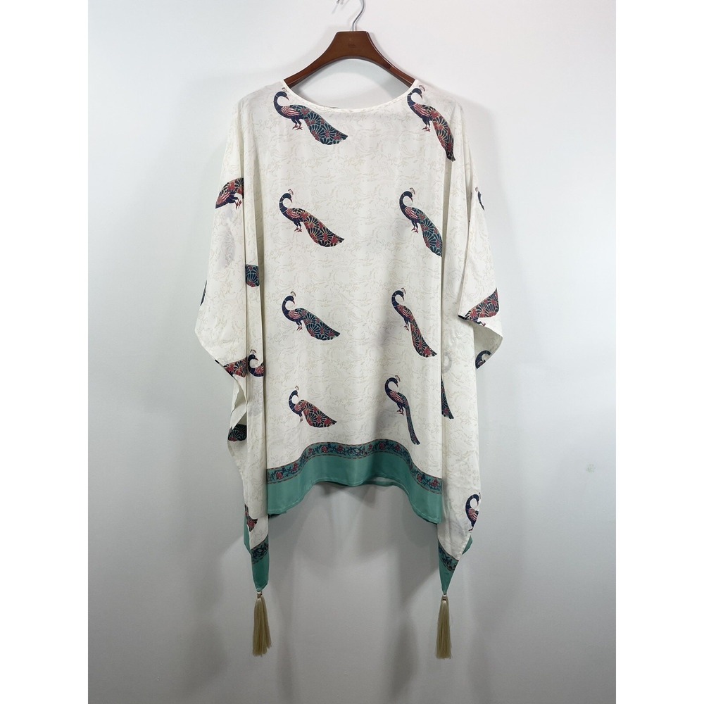 Roller Rabbit Poncho Cover Up 100% Silk Peacock Print Tassels Beige Teal‎ - Picture 2 of 10